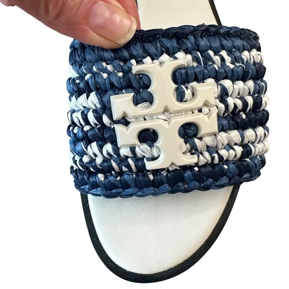 Tory Burch Everly Crochet Raffia Slide Denim Blue White 7